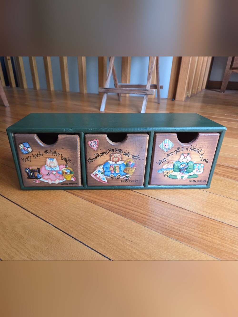 Vintage Dianna Marcum Wooden 3-Drawer Decorative Sewing Trinket Cubby